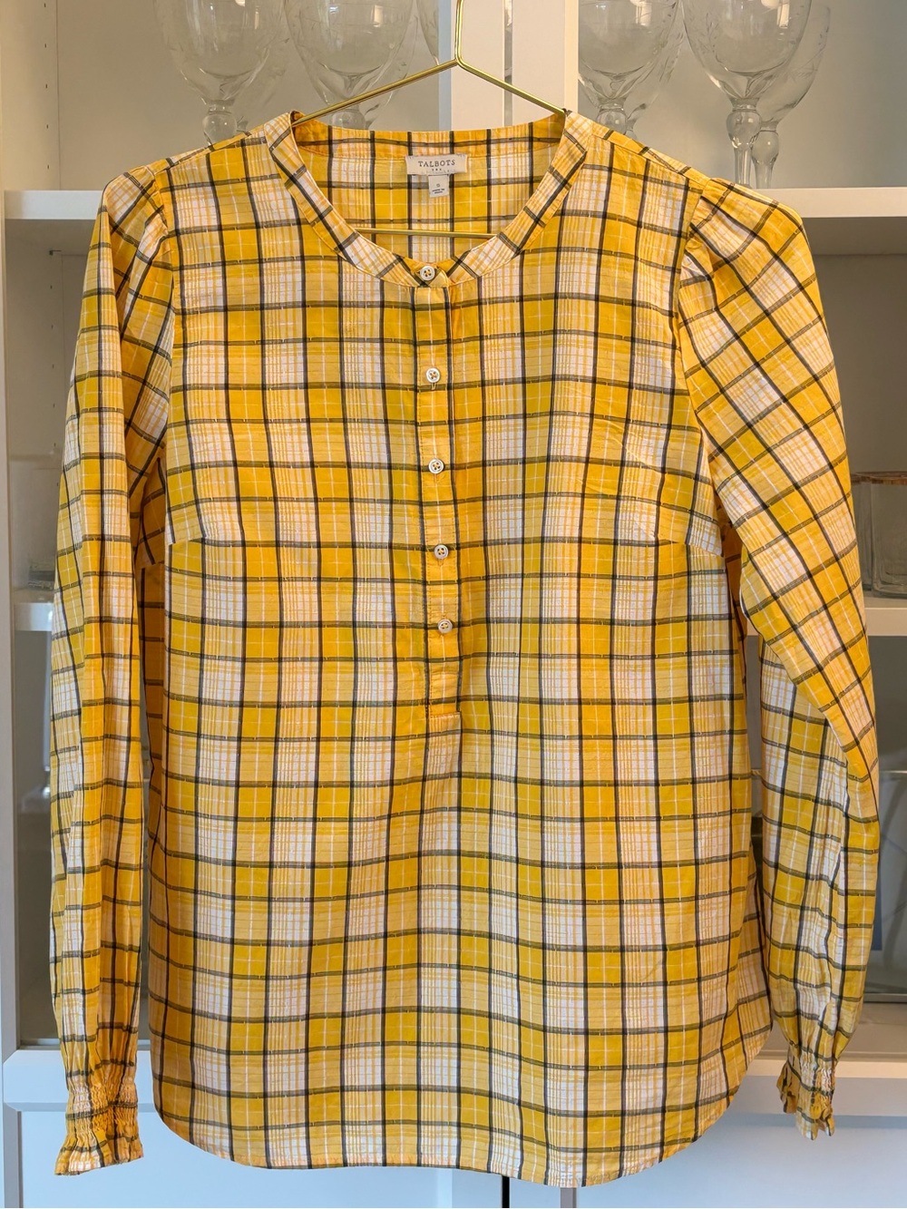 Talbots Yellow Plaid Ruffle-Neck Blouse | Button Front | Long Sleeve Cotton